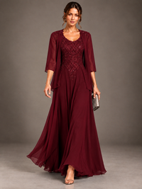 A-line 2 Pieces Chiffon Appliques Mother of The Bride Dresses with Jackets