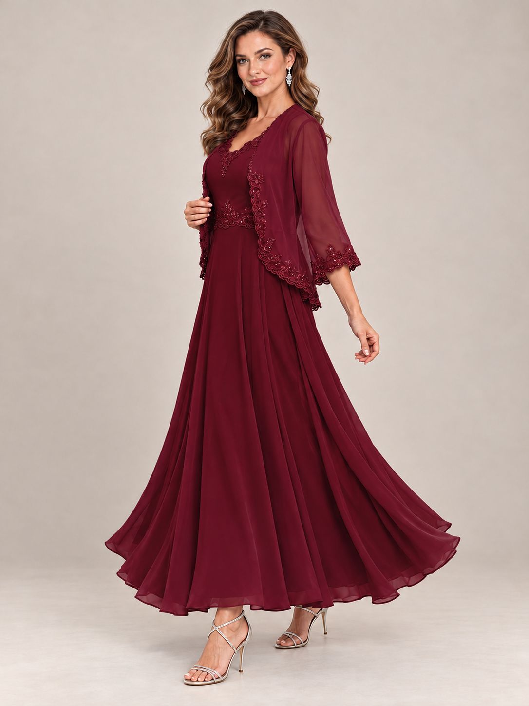 Dusty Blue Floral Lace Chiffon Mother of the Bride Dress with Jacket