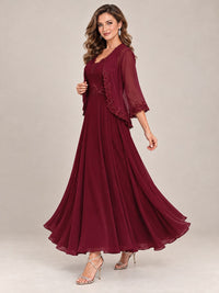 Dusty Blue Floral Lace Chiffon Mother of the Bride Dress with Jacket
