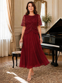 Tea-Length Chiffon Mother of the Bride Dress with Sequin Lace Sleeves