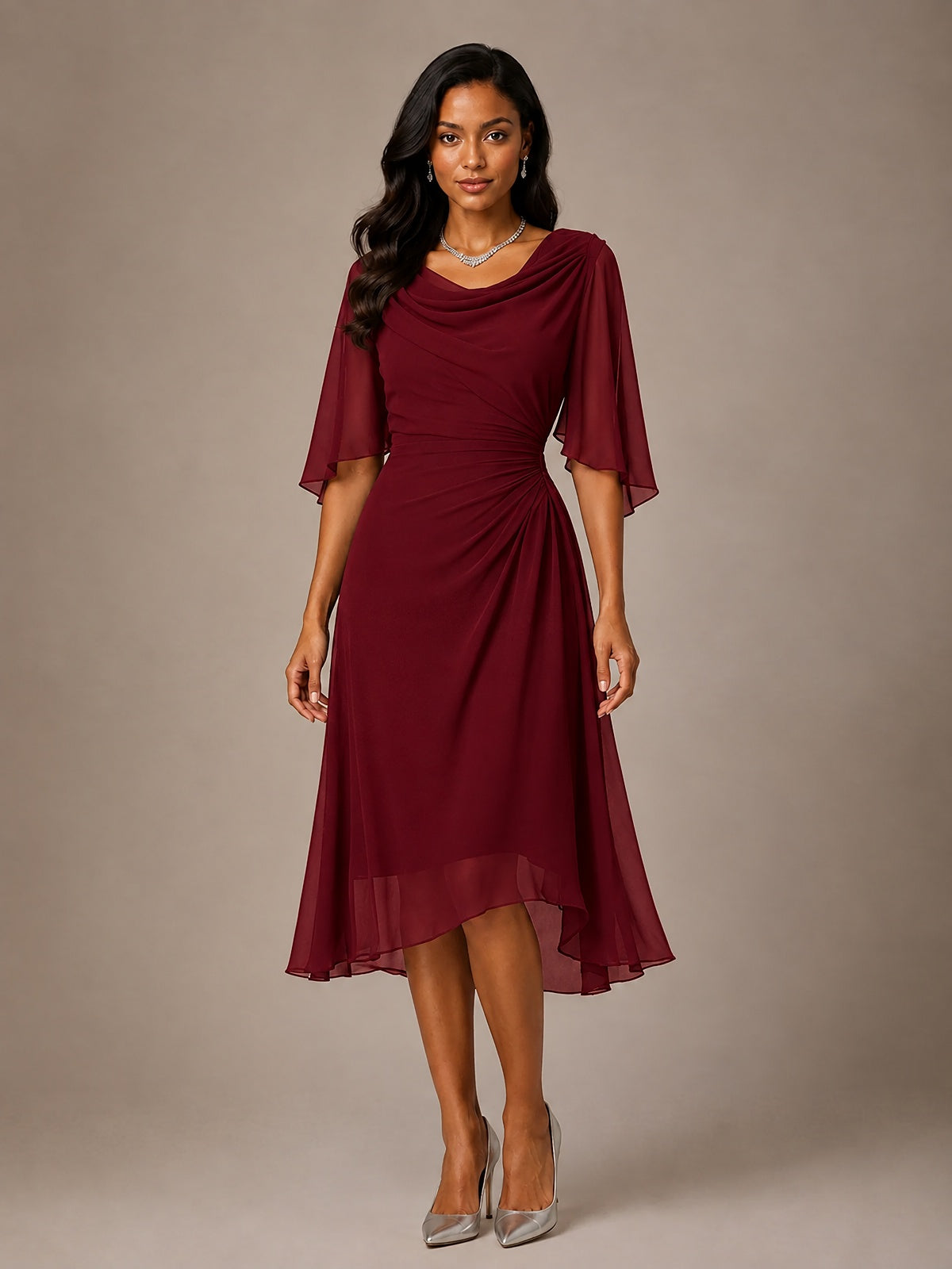 Cowl Neck Ruched Chiffon Mother of the Bride Dresses with Flutter Sleeves