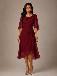 Cowl Neck Ruched Chiffon Mother of the Bride Dresses with Flutter Sleeves