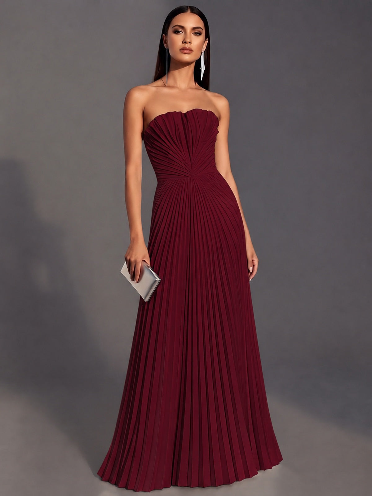 Burgundy Strapless Pleated Satin Prom Dress Long Formal Gown Evening Dress