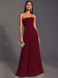 Burgundy Strapless Pleated Satin Prom Dress Long Formal Gown Evening Dress