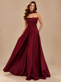 Strapless Prom Dress Side High Slit A-line Formal Dress with Scarf
