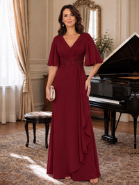 Burgundy V-Neck Chiffon Lace Mother of the Bride Dresses with Flutter Sleeve A-line Long Ruffled Evening Formal Wedding Guest Gown