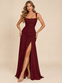 Wrap Pleated Prom Dress Scoop Neck with Slit Women Wedding Formal Dress