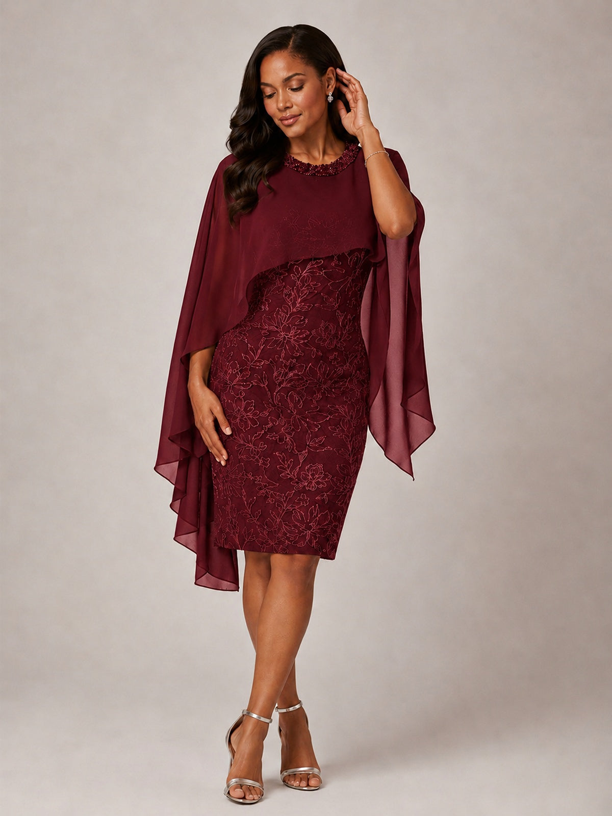 Floral Sheath Mother of the Bride Dress with Cape Overlay
