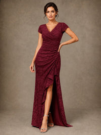 V-Neck Floral Jacquard Mother of the Bride Dress with Slit
