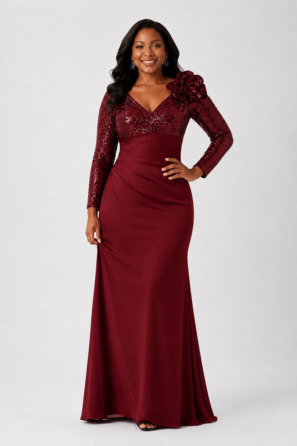 Sequin Mother of the Bride Dress with Long Sleeves 3D Floral V-Neck Gown