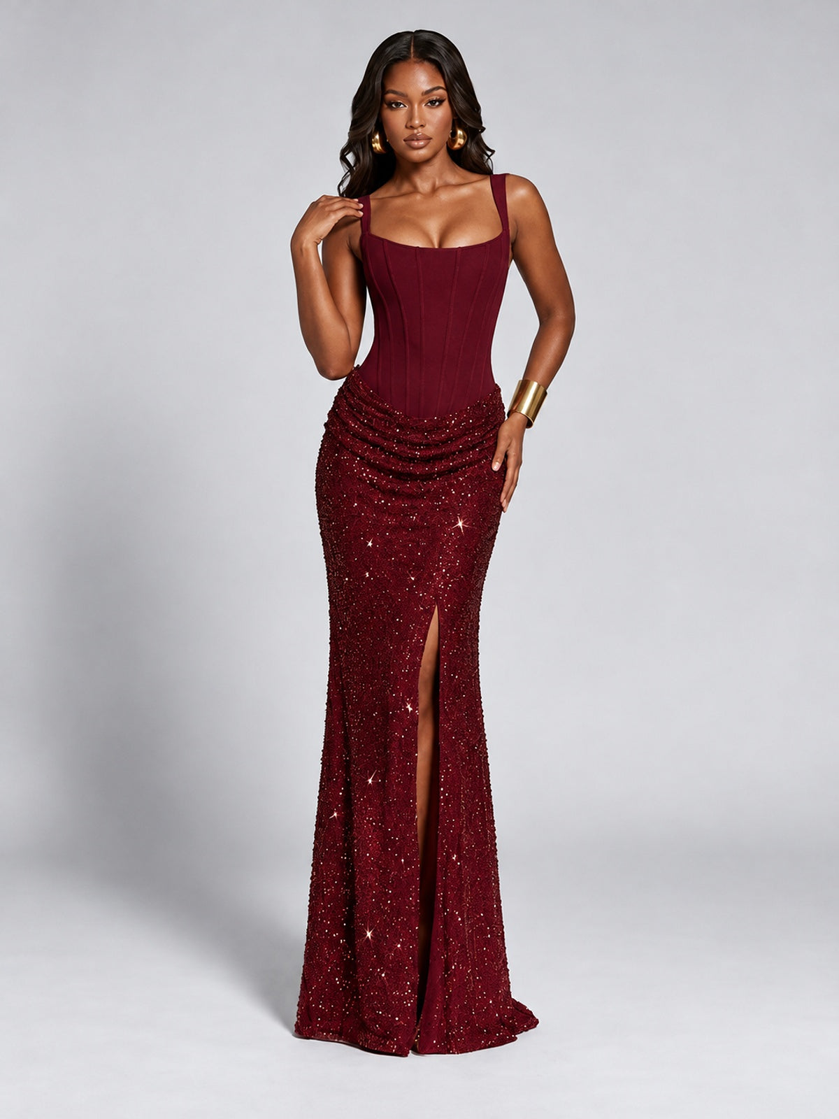 Sequin Corset Mermaid Prom Dress with Square Neck Wide Strap High Slit