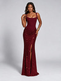 Sequin Corset Mermaid Prom Dress with Square Neck Wide Strap High Slit