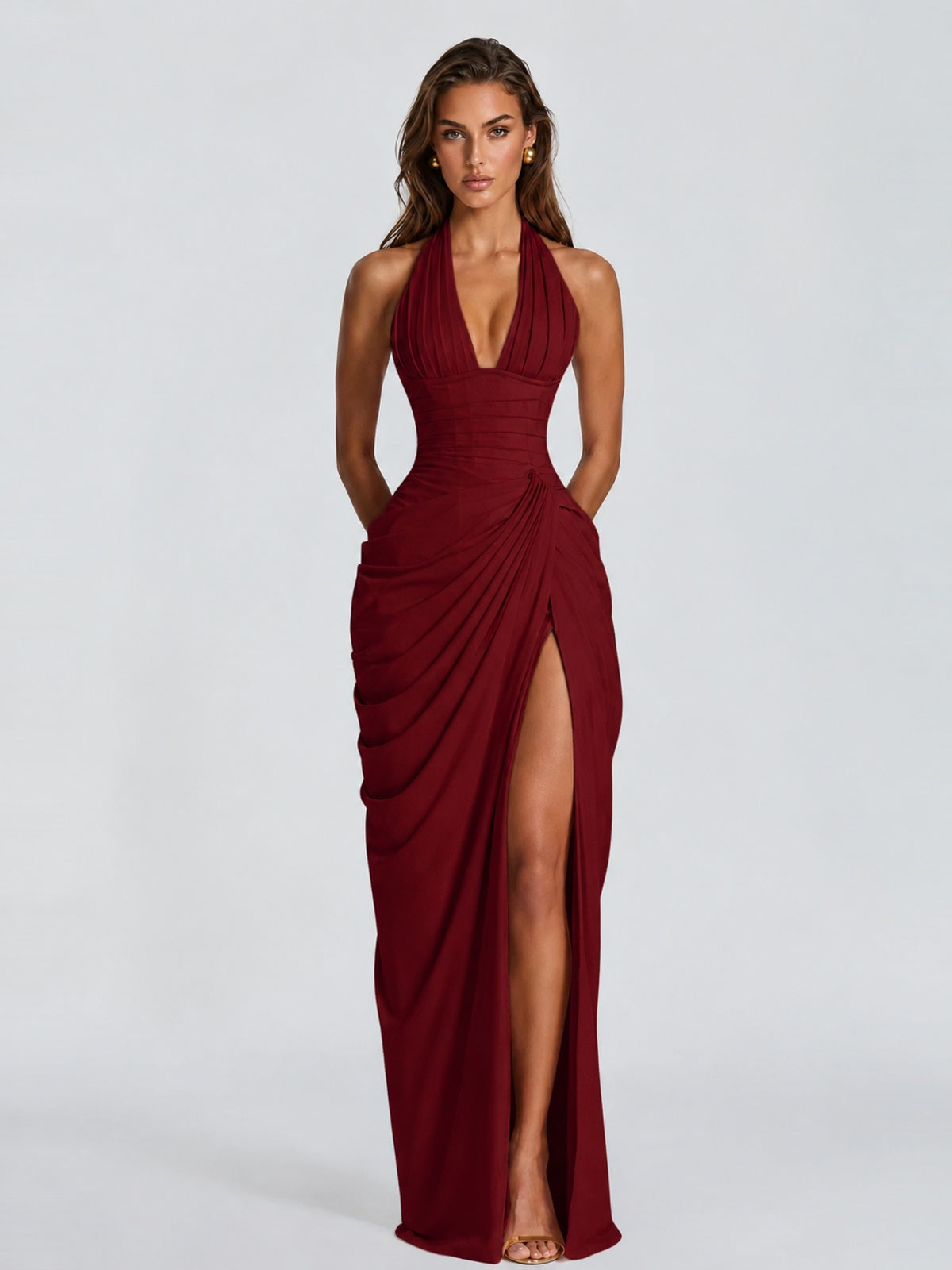 Ruched Halter Neck High-Slit Prom & Evening Dress