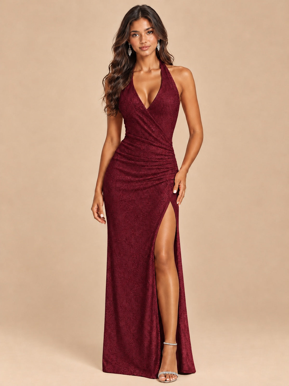 Burgundy-Blush Pink Halter V-Neck Sequin Mermaid Prom Dress with High Slit Jovellee