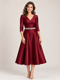 Burgundy V-Neck Tea-Length Mother of the Bride Dress with Embellished Waist