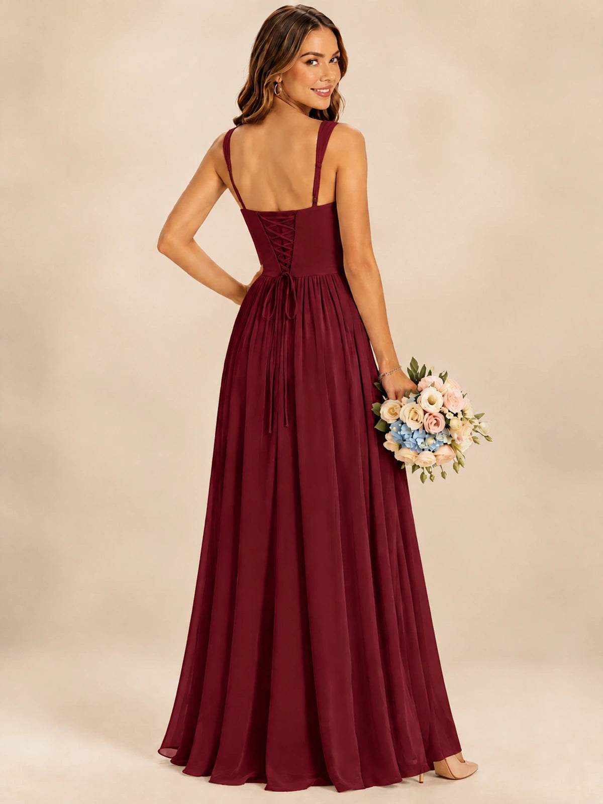 Spaghetti Straps Pleated Chiffon Bridesmaid Dress with Ruffle Slit