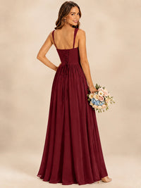 Spaghetti Straps Pleated Chiffon Bridesmaid Dress with Ruffle Slit