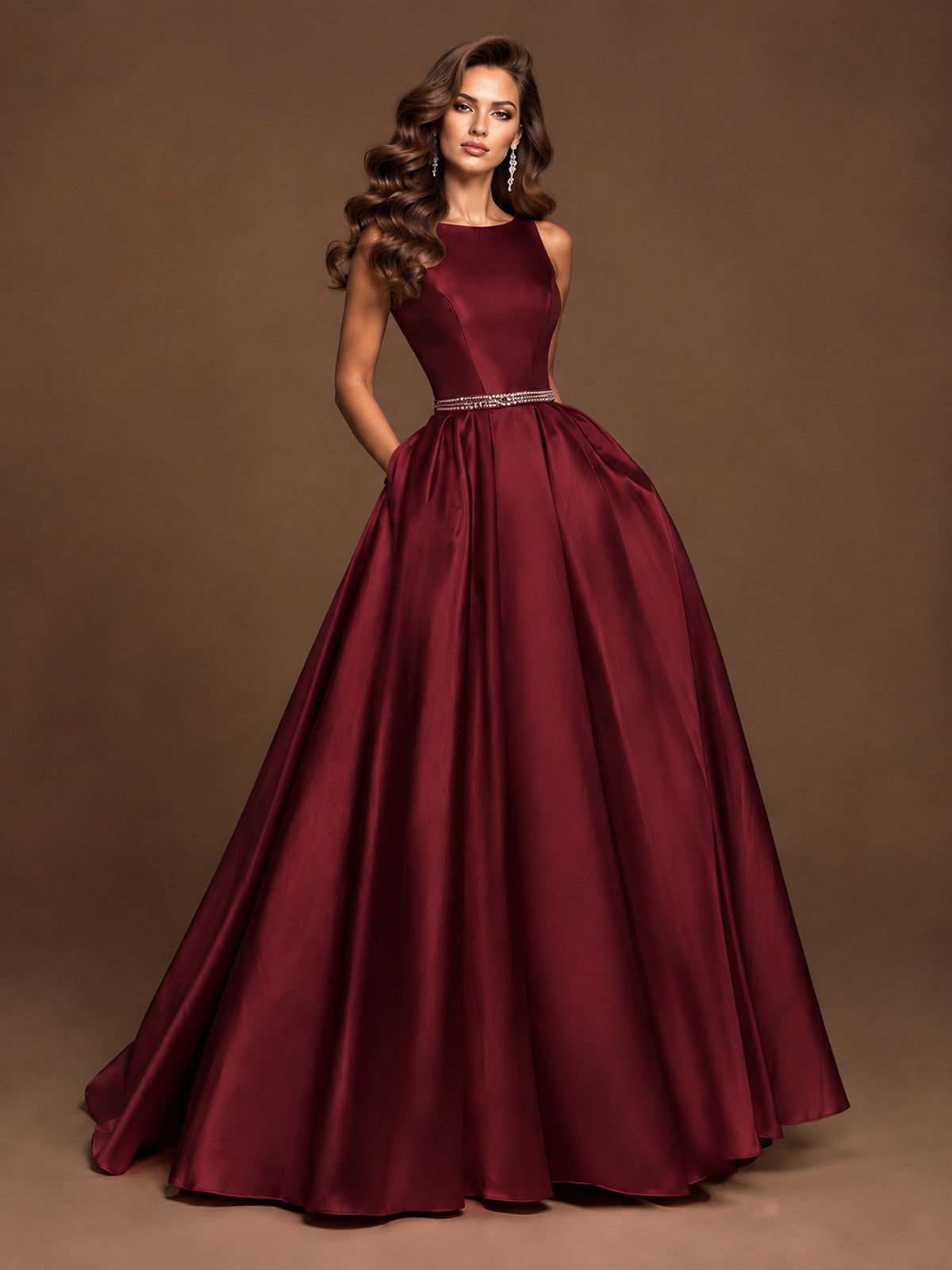 Satin A-Line Prom Dress Sleeveless Beaded Waist Formal Gown with Pockets