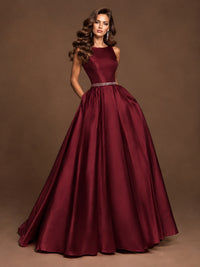 Satin A-Line Prom Dress Sleeveless Beaded Waist Formal Gown with Pockets