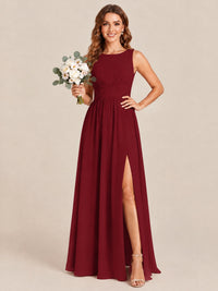 A-line Sleeveless Rucehd Chiffon Bridesmaid Dress with High Slit