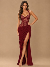 Sweetheart Halter Prom Dress Pleated Lace Floral Formal Dress with Slit