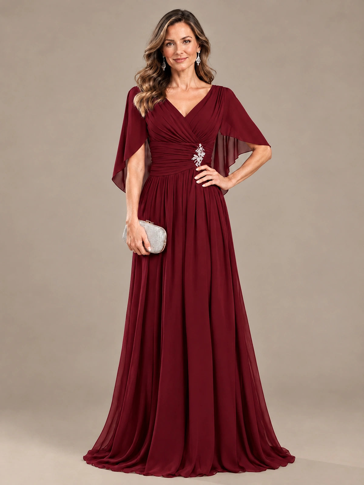 Ruched V Neck Mother of The Bride Dresses with Shawls Appliques and Cap Sleeves