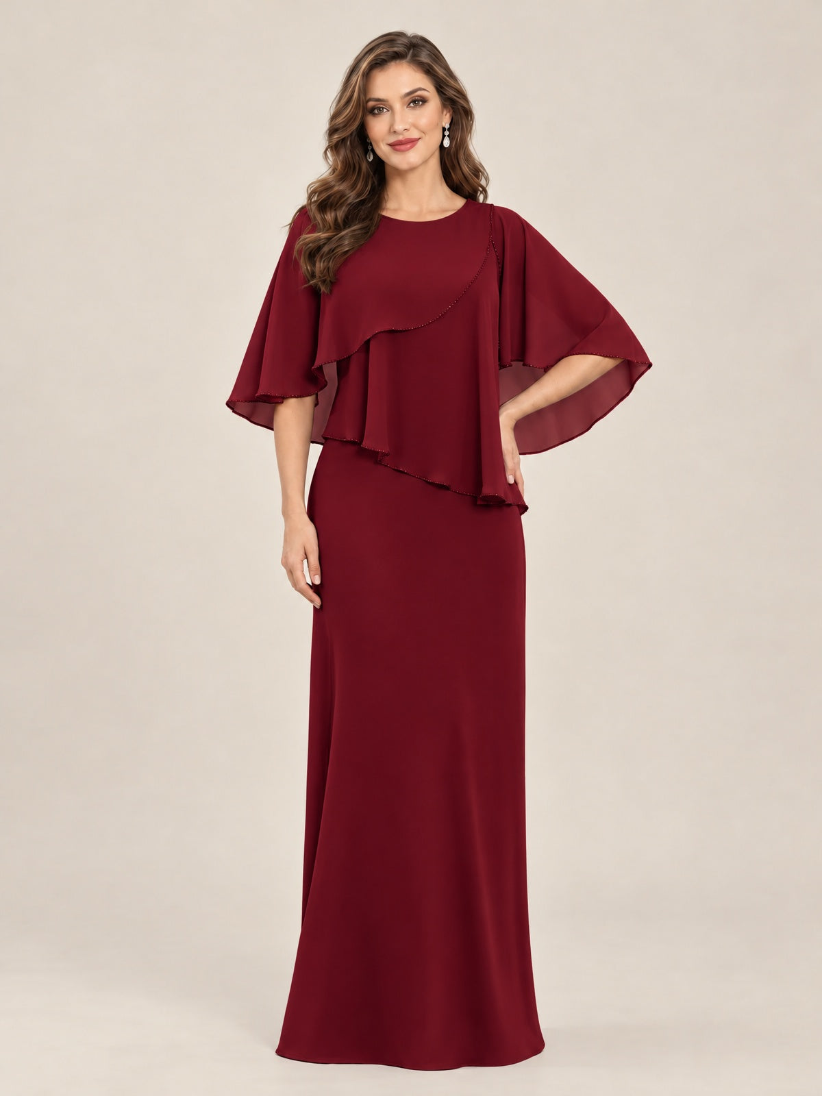 Burgundy-Chiffon 2 Piece A Line Mother of The Bride Dresses with Cape