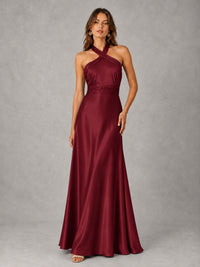 Sage Green Satin A-Line Bridesmaid Dress with Halter Neck
