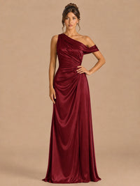 Burgundy-satin one shoulder prom dress ruched long formal gow Jovelle