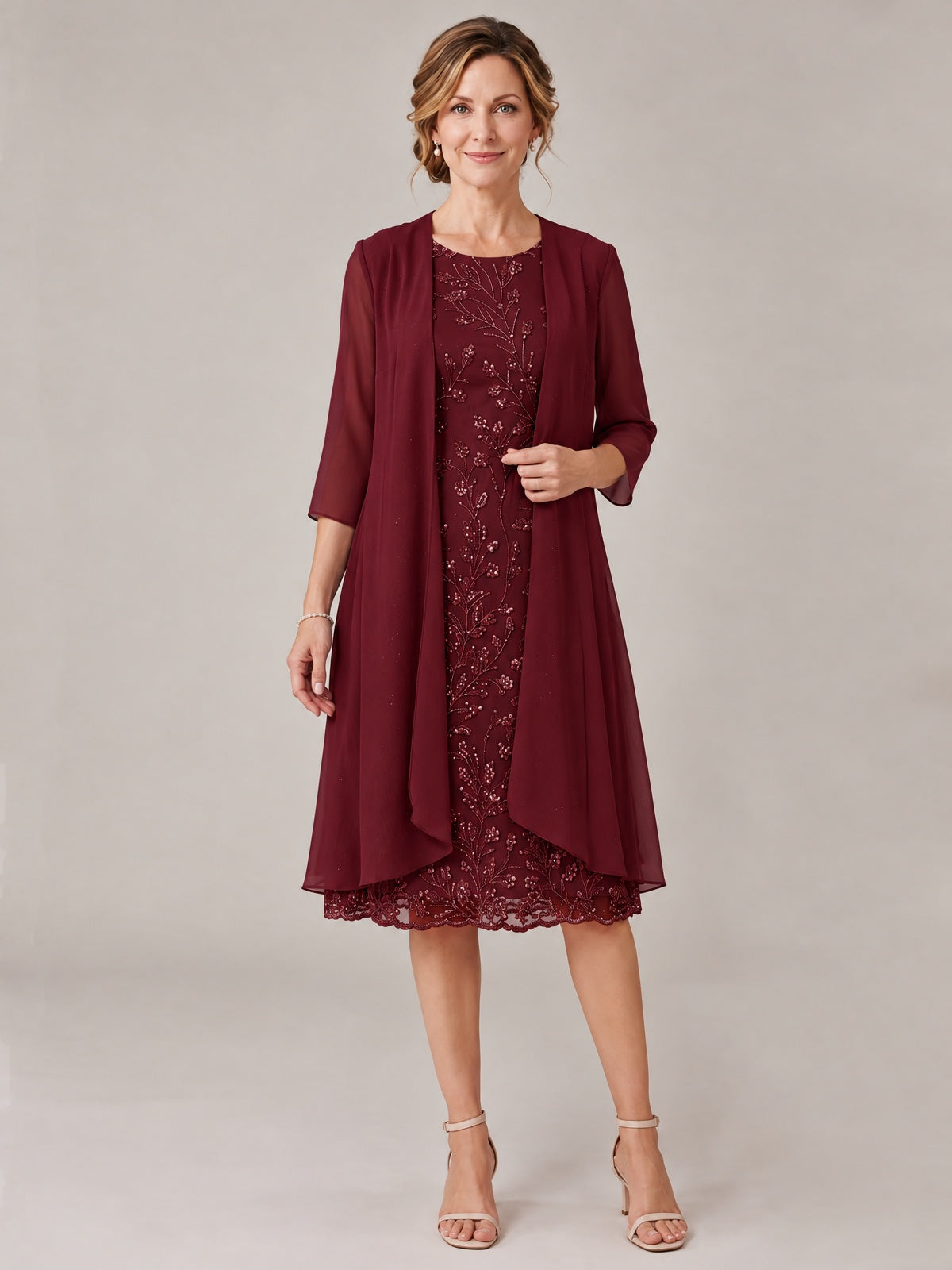 Burgundy-2 Piece Lace Appliques Chiffon Mother of The Bride Dress with Sequin
