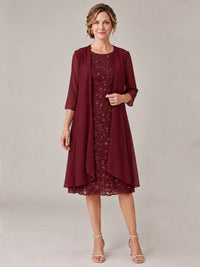 Burgundy-2 Piece Lace Appliques Chiffon Mother of The Bride Dress with Sequin