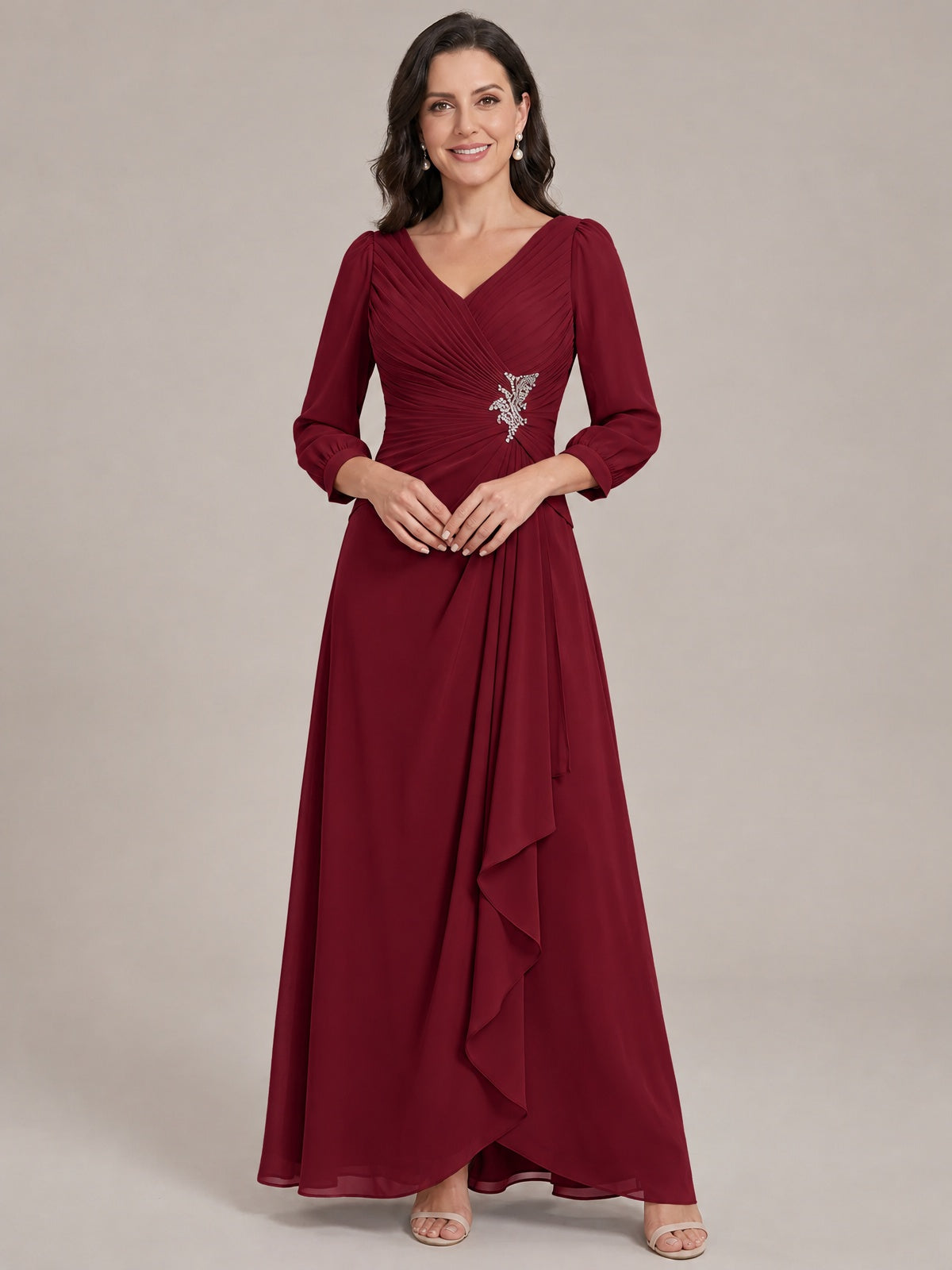 Burgundy-Long Sleeve Chiffon Beaded Mother of The Bride Dresses for Women