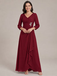 Burgundy-Long Sleeve Chiffon Beaded Mother of The Bride Dresses for Women