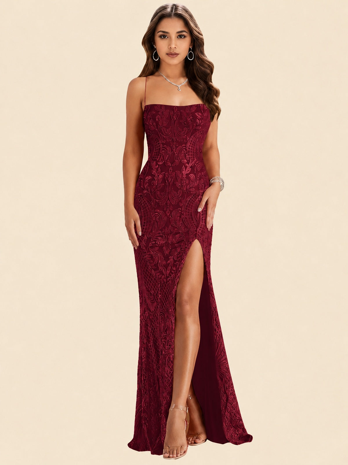 Sequin Lace Appliques Mermaid Prom Dress Spaghetti Strap Formal Gowns with Slit