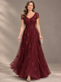 Lace Appliques A-line Mother of The Bride Dresses with Short Sleeves