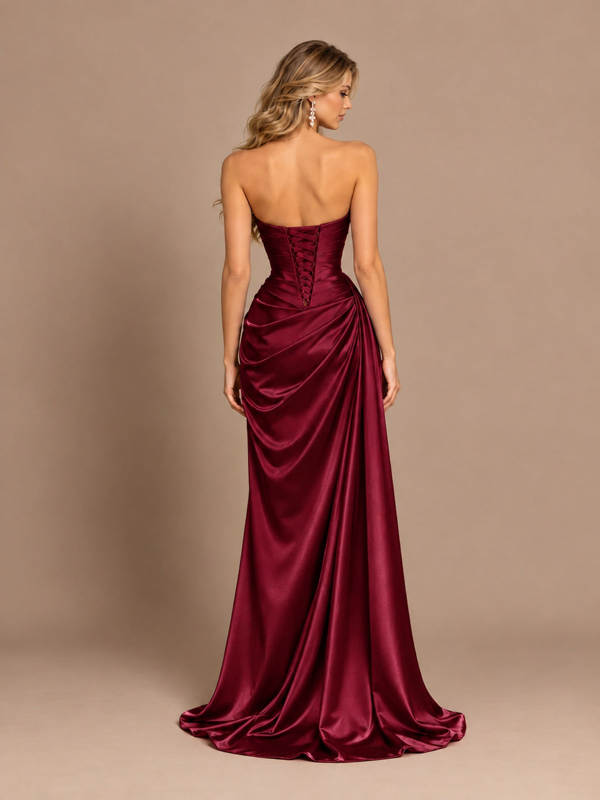 Dusty Blue Strapless Satin Prom Dress with Ruched Bodice and Slit