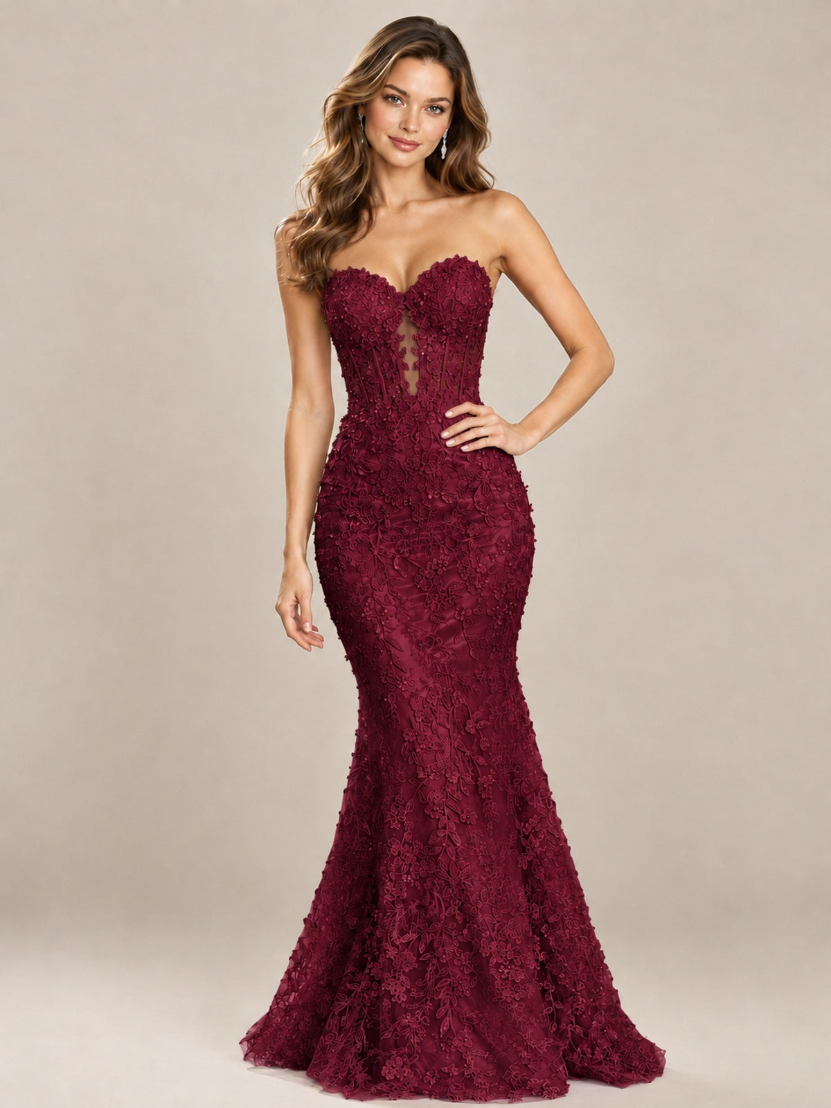 Strapless Corset Mermaid Prom Dress with Floral Lace Appliqué