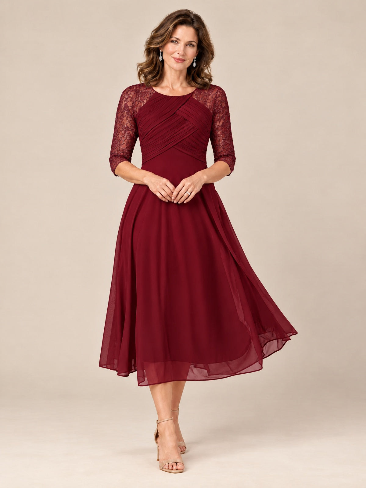 Burgundy-Lace Applique Pleated Tea Length Mother of The Bride Dresses