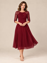Burgundy-Lace Applique Pleated Tea Length Mother of The Bride Dresses