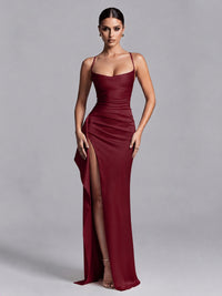Burgundy Squre Neck Pleated Satin Prom Dresses for Teens Women Long Evening Formal Gown with Slit Ruffles