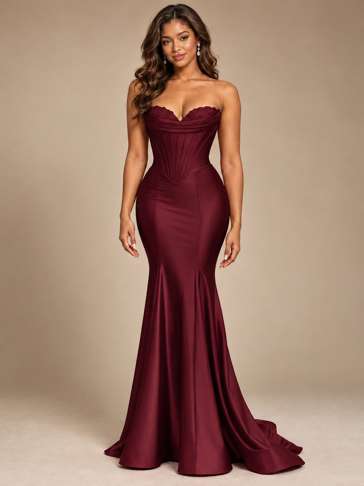 Red Strapless Satin Mermaid Prom Dress with Corset Bodice