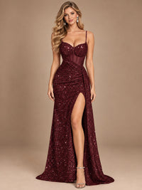 Burgundy Sequin Corset Prom Dress with High Slit