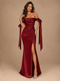Off The Shuolder Satin Prom Dress Slit Mermaid Formal Gowns