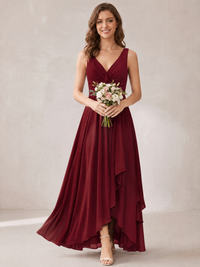 V-Neck High-Low Chiffon Bridesmaid Dress with Ruffles