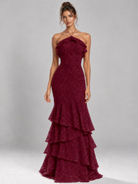 Halter Tiered Mermaid Prom Dress with Sparkly Lace