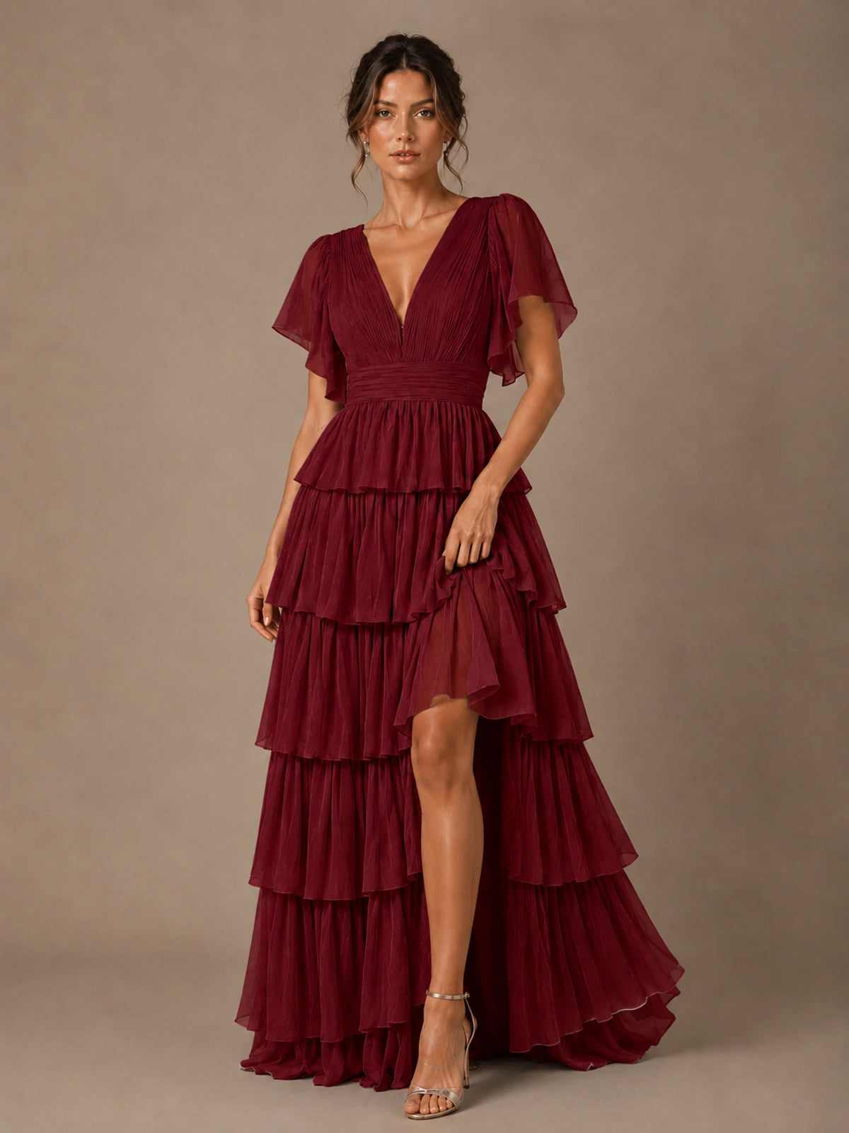 Chiffon V-Neck Tiered Ruffle Bridesmaid Dress with Slit