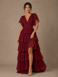 Chiffon V-Neck Tiered Ruffle Bridesmaid Dress with Slit
