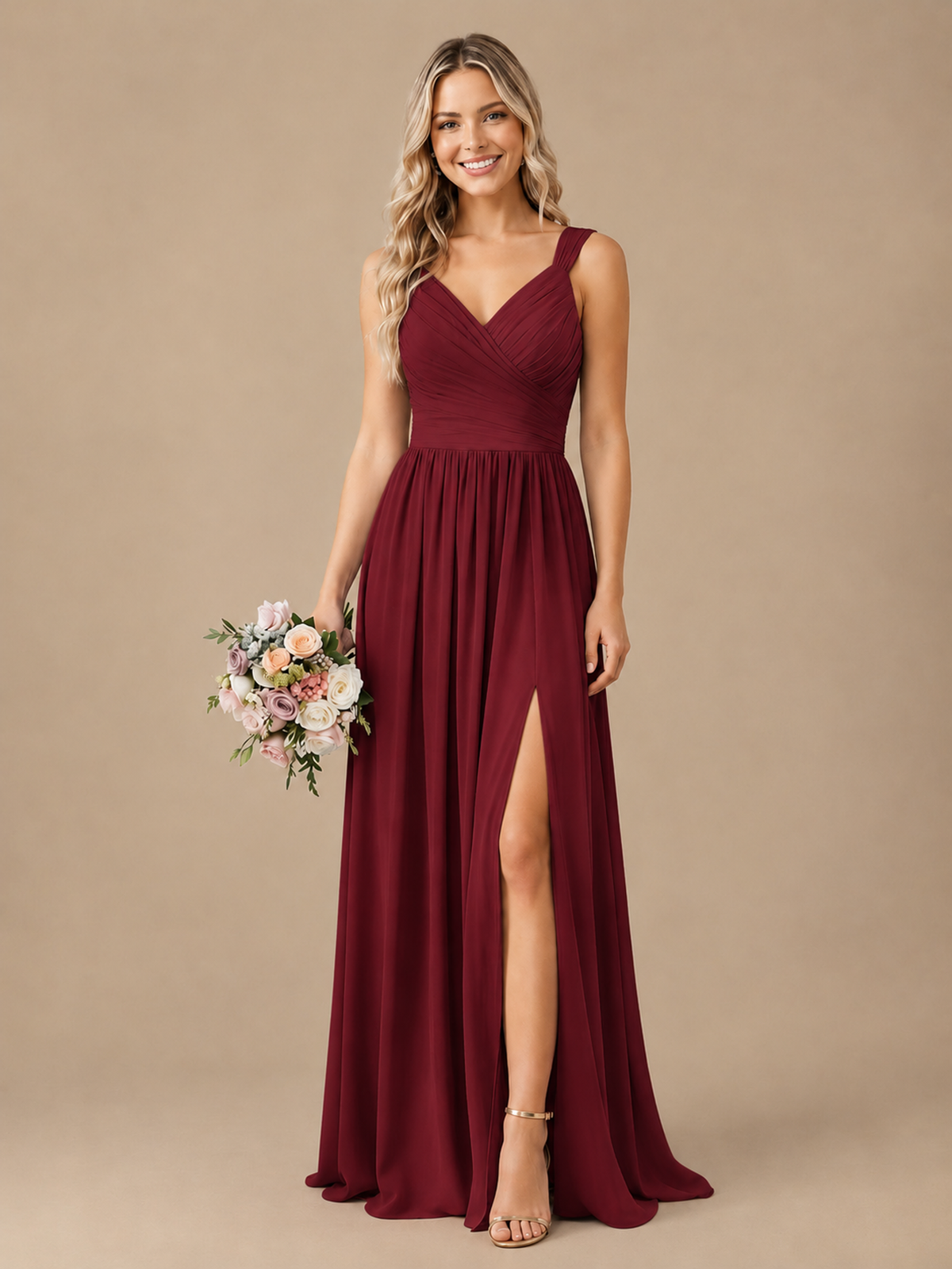 Pleated Chiffon V Neck Wedding Bridesmaid Dresses Floor Length with Slit