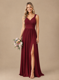 Pleated Chiffon V Neck Wedding Bridesmaid Dresses Floor Length with Slit