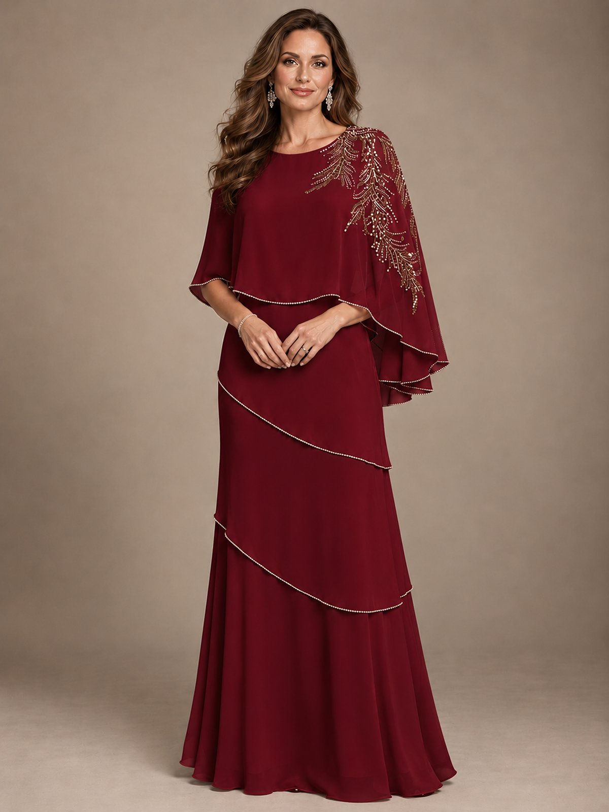 Elegant Chiffon Cape Sleeve Beaded Mother of the Bride Dress